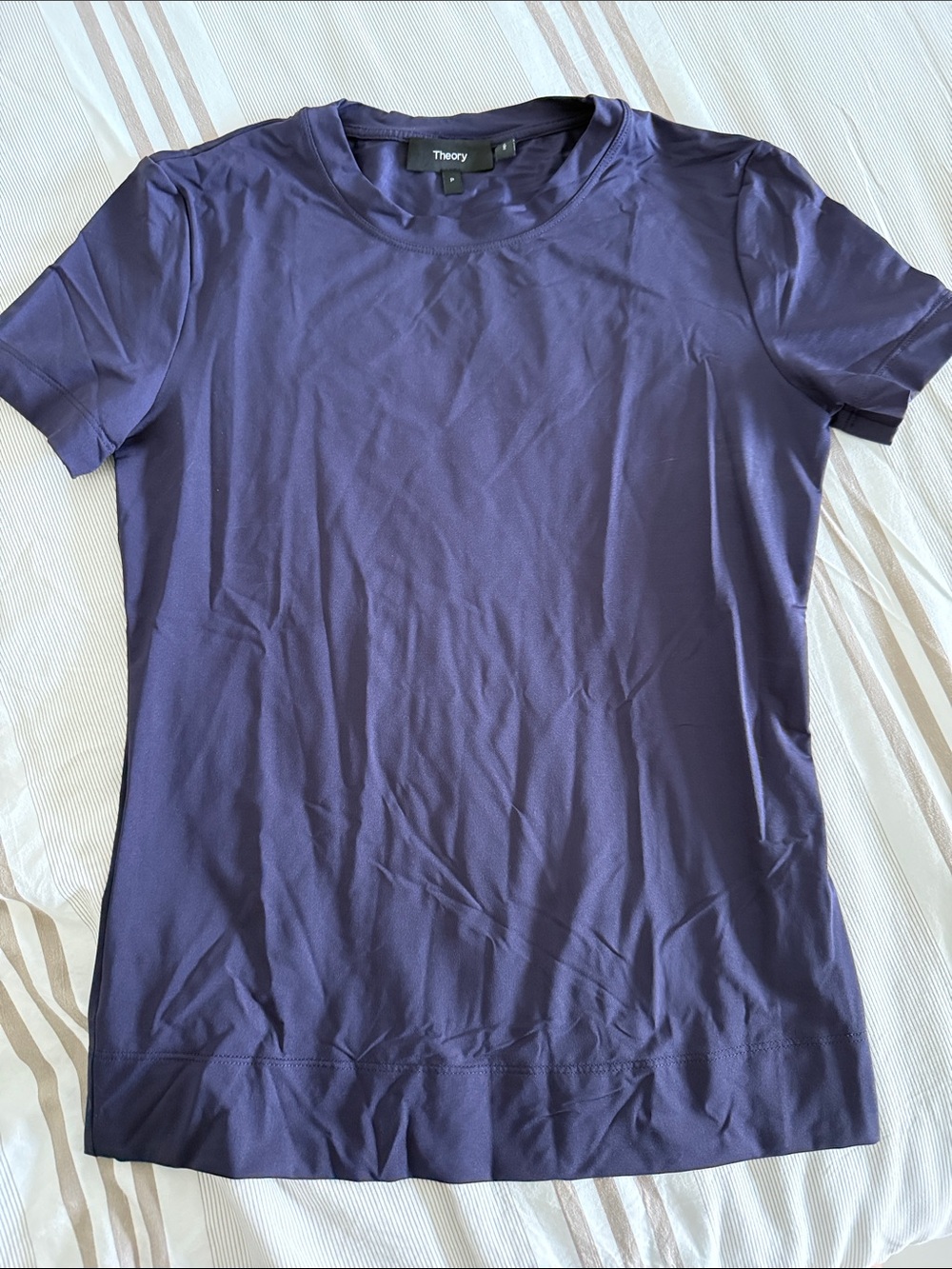 Theory Short Sleeve Stretchy Crewneck Tee in Shiny Eggplant Purple